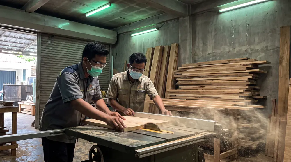 Dua tukang memotong panel cedar di bengkel fabrikasi