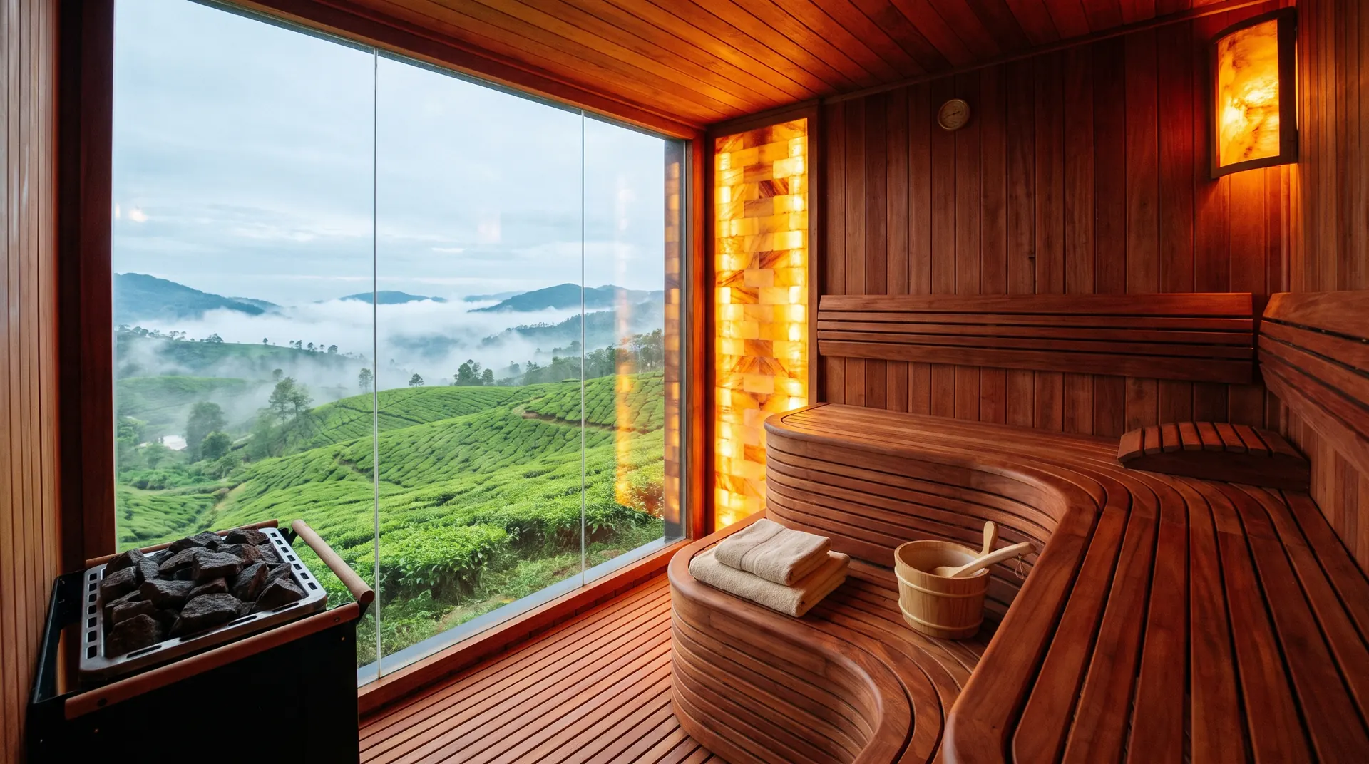 Interior sauna cedar dengan dinding kaca menghadap kebun teh Bandung