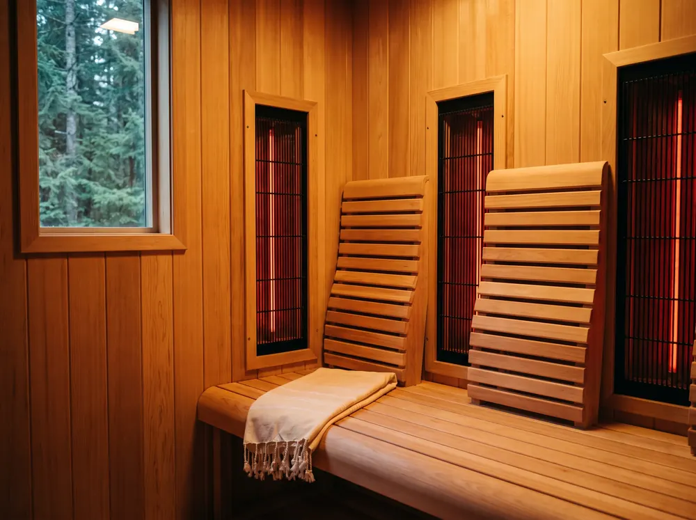 Kabin sauna infrared dengan panel merah menyala