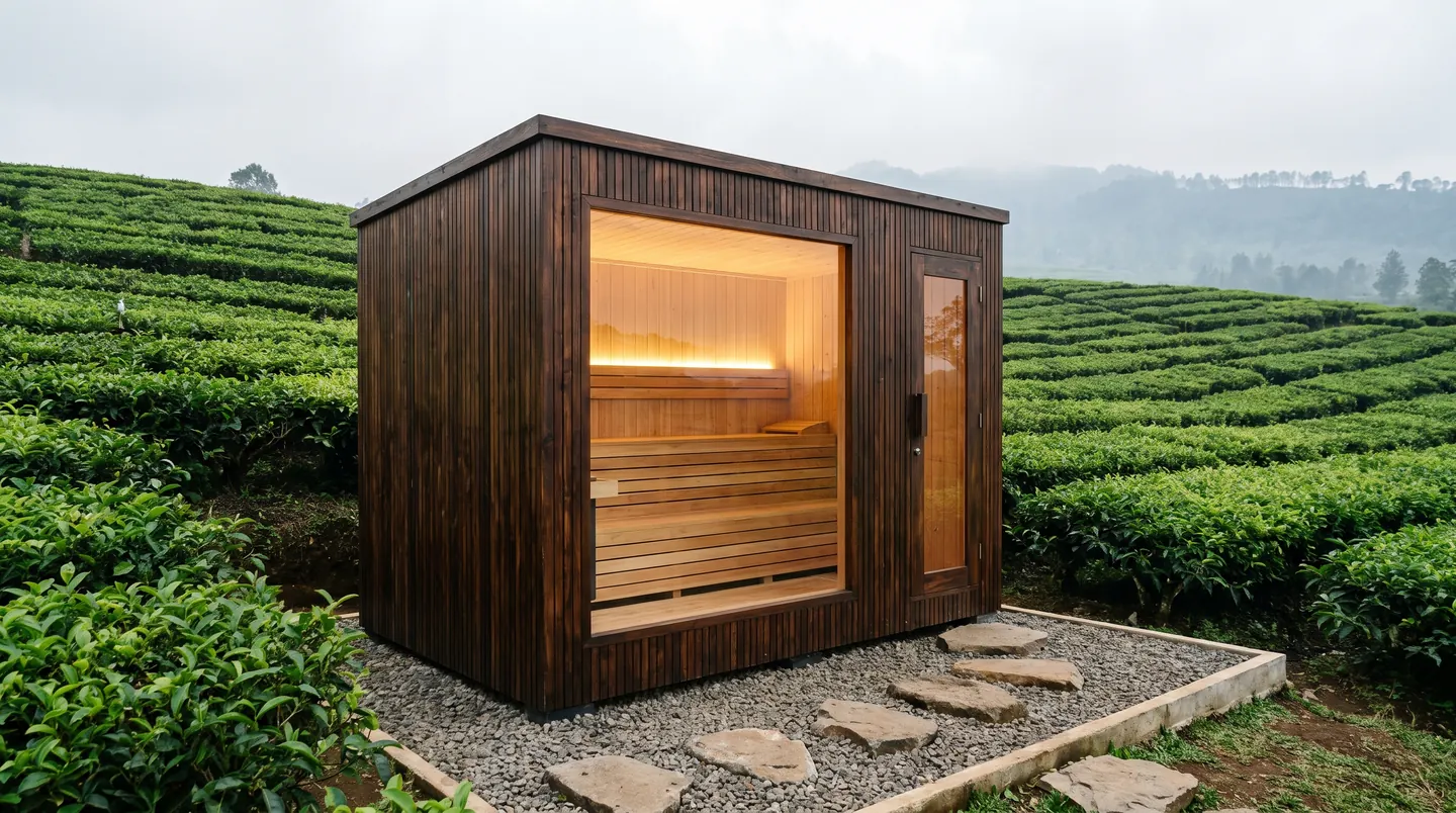 Kabin sauna berjendela lebar menghadap kebun teh