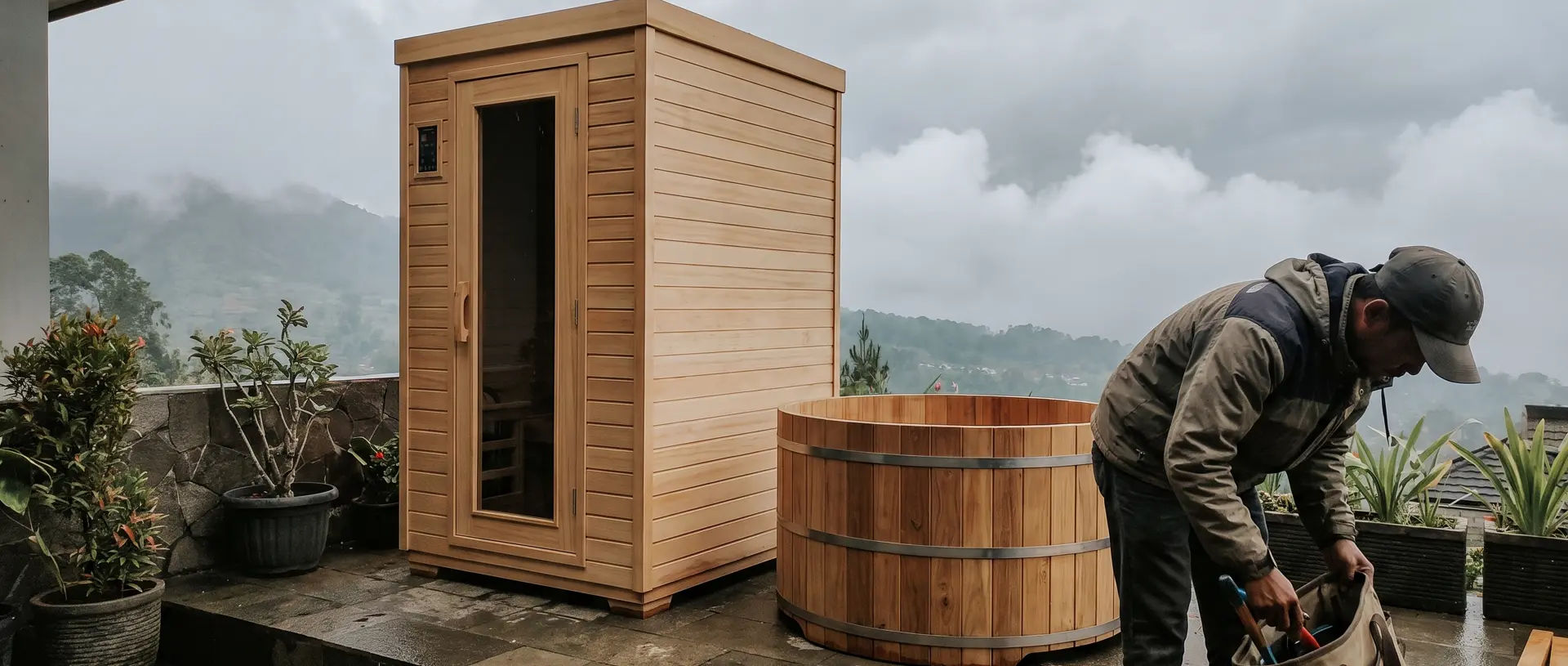 Kabin sauna dan bak jati selesai dipasang di teras vila Lembang