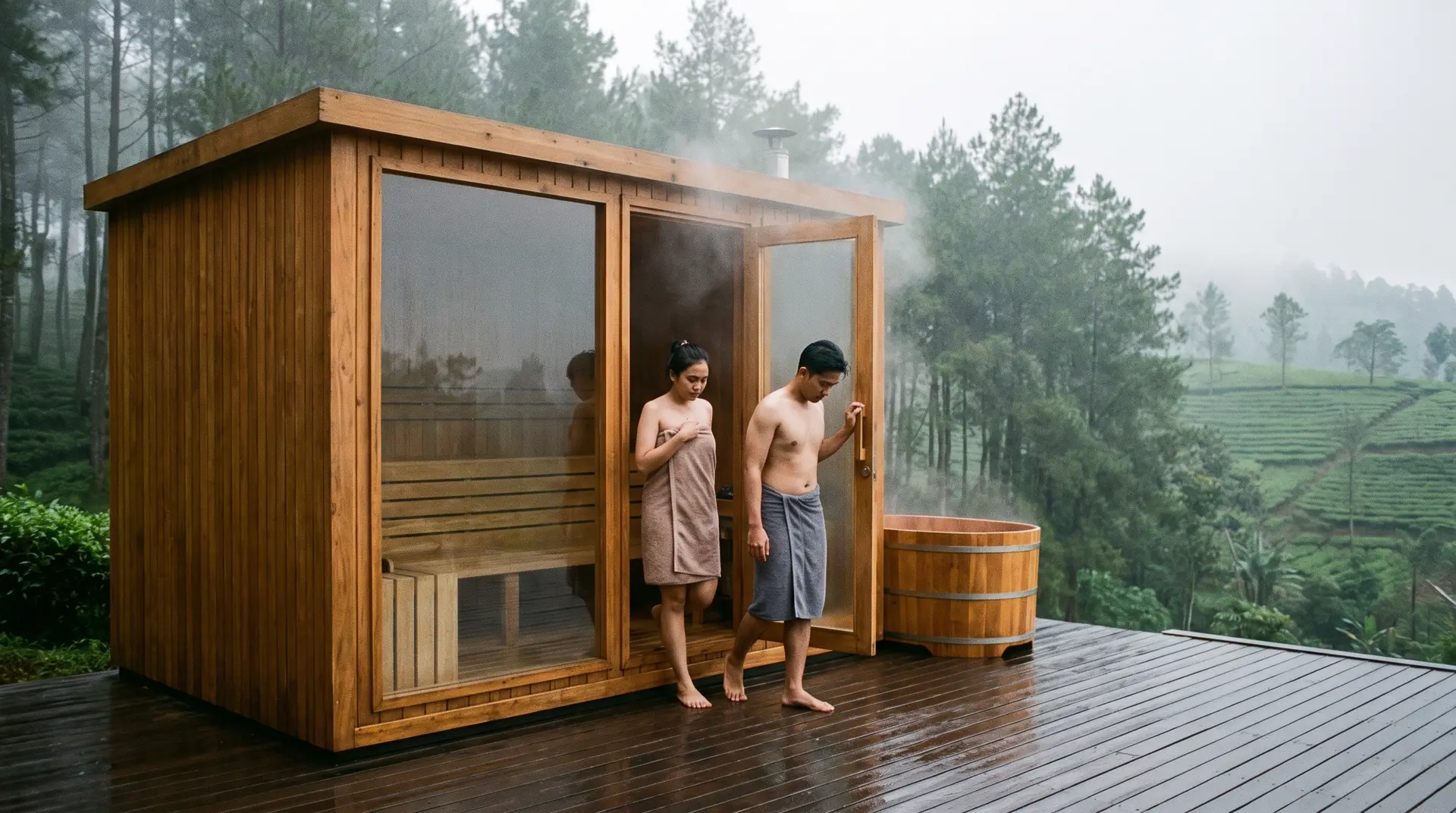 Pasangan keluar dari kabin sauna kayu berkaca di teras vila sewa Lembang saat kabut pagi
