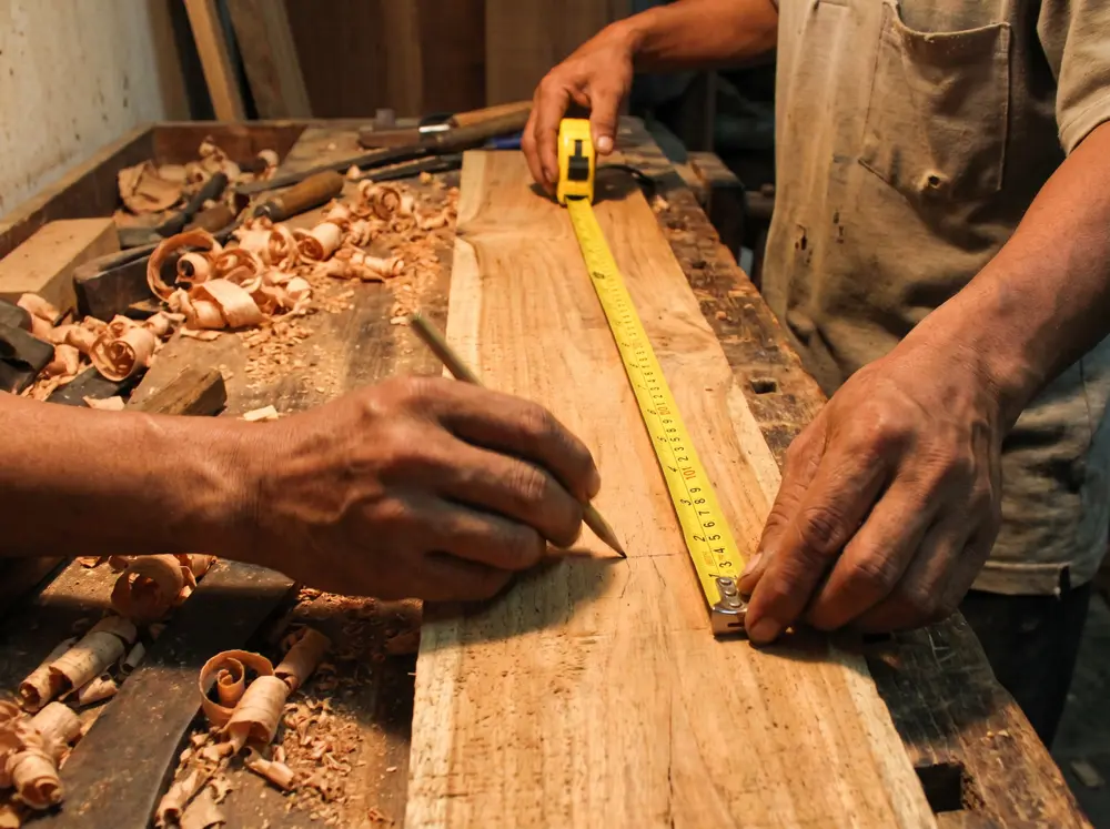 Tangan tukang mengukur papan cedar dengan meteran